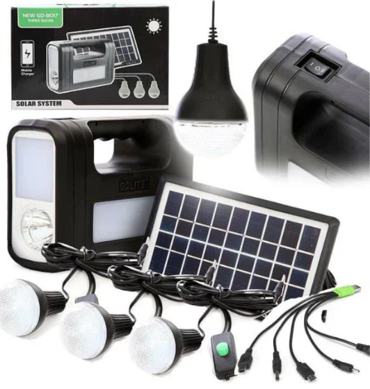 Kit Solar GD-Lite 8017 3 becuri LED, Panou Solar , Incarcator USB, acumulator de mare capacitate