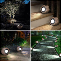 Încărcați imaginea în vizualizatorul Galeriei, Lampa Solara LED Imitatie Piatra, Lumina Puternica 4 LED-uri Alb Rece, Dimensiuni 15x12x10 cm, Gri
