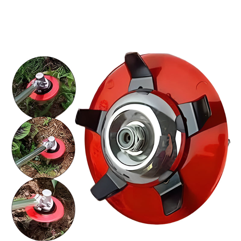 Red and black agricultural tool on a white background with inset images showing its use.