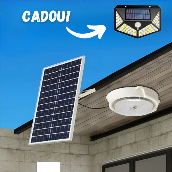 Plafoniera solara 60W Jortan, 74 LED, cu senzor de amurg incorporat si telecomanda + Lampa solara cu 100 LED CADOU