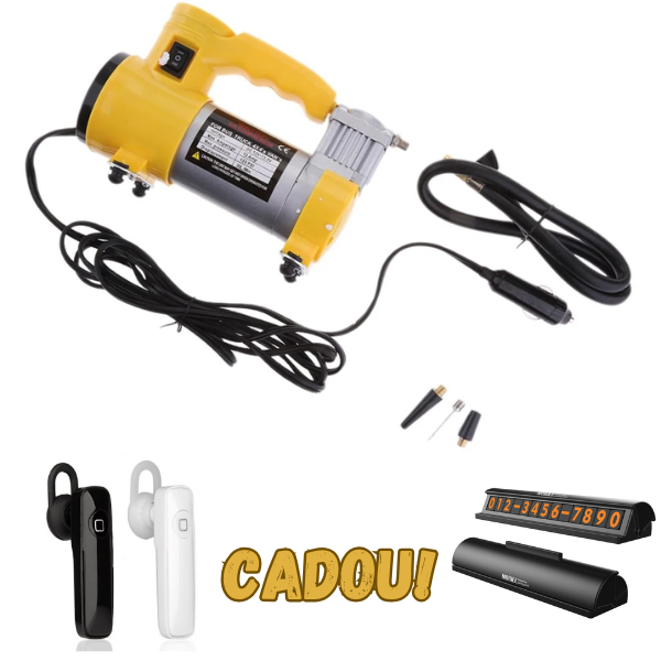 Pachet promotional Compresor auto profesional, 12V, 35 l pe minut + Casca bluetooth handsfree + Suport numar telefon parcare CADOU