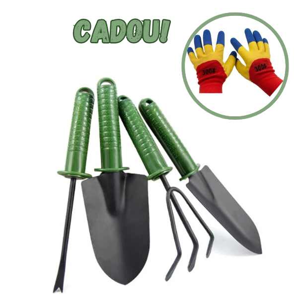 Set 4 unelte pentru gradinarit cu maner verde + manusi de lucru CADOU
