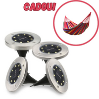 Încărcați imaginea în vizualizatorul Galeriei, Set 4 Lampi Solare metalice Argintii Disk Lights pentru gradina + Hamac CADOU!
