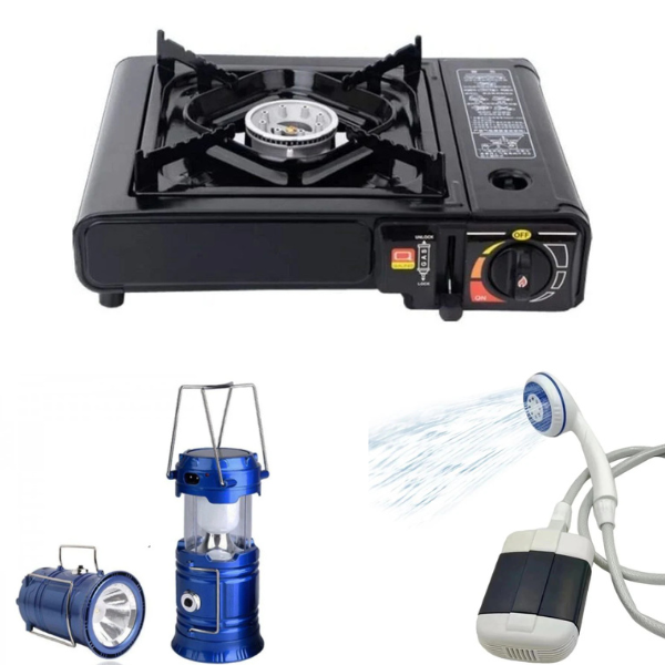 Pachet promotional pentru camping - Dus portabil de camping, Lanterna tip felinar solar, Aragaz portabil camping