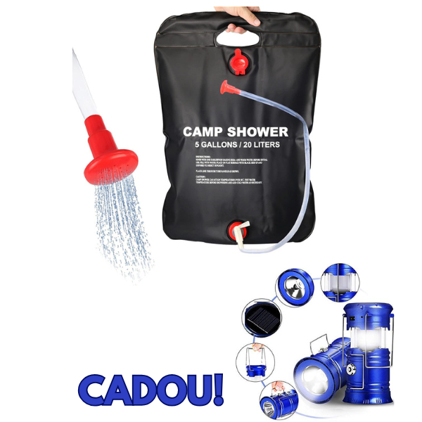 Dus solar pentru camping, PVC, reglabil, capacitate 20 litri + Lanterna tip felinar solar cu functie incarcare telefon CADOU