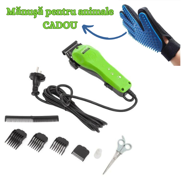 Aparat de tuns animale, 4 capete diverse marimi, accesorii incluse, pentru orice tip par + Manusa pentru par de animale CADOU