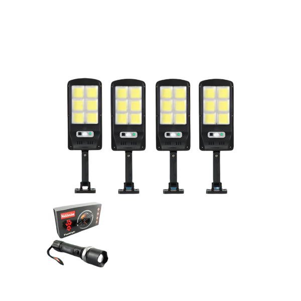Set 4 X Proiector solar 6 celule, 30W, 120 LED, cu senzor de miscare + Lanterna multifuntionala Swat CADOU