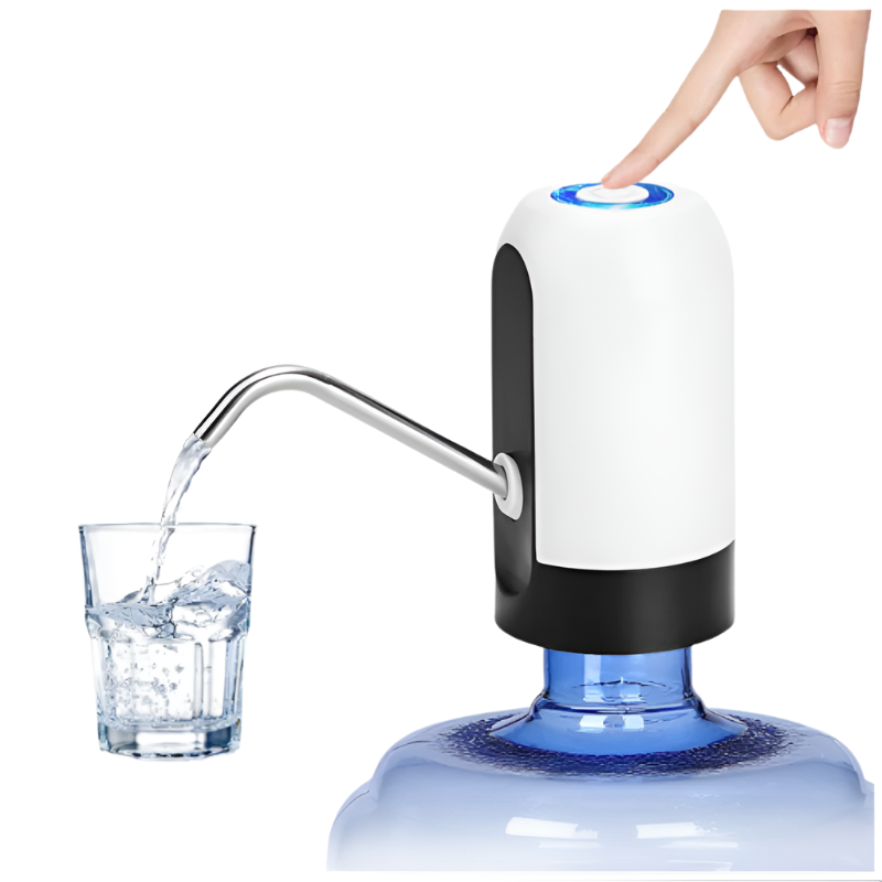 Hand pressing a button on a water dispenser with water flowing into a glass.