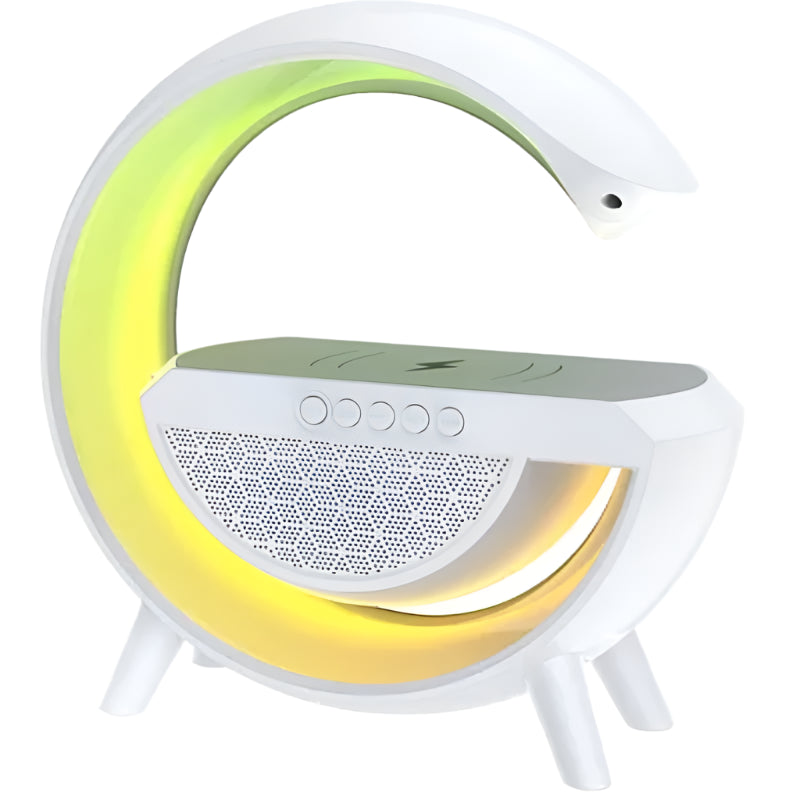 Round electronic device with yellow interior and white exterior on a white background