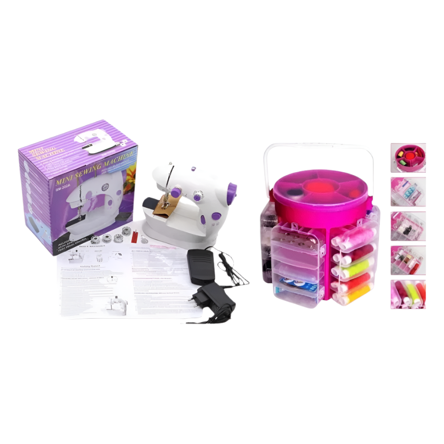 Pachet Masina de cusut electrica, portabila, cu viteza reglabila + Trusa de cusut si croitorie, portabila, cu 210 accesorii CADOU