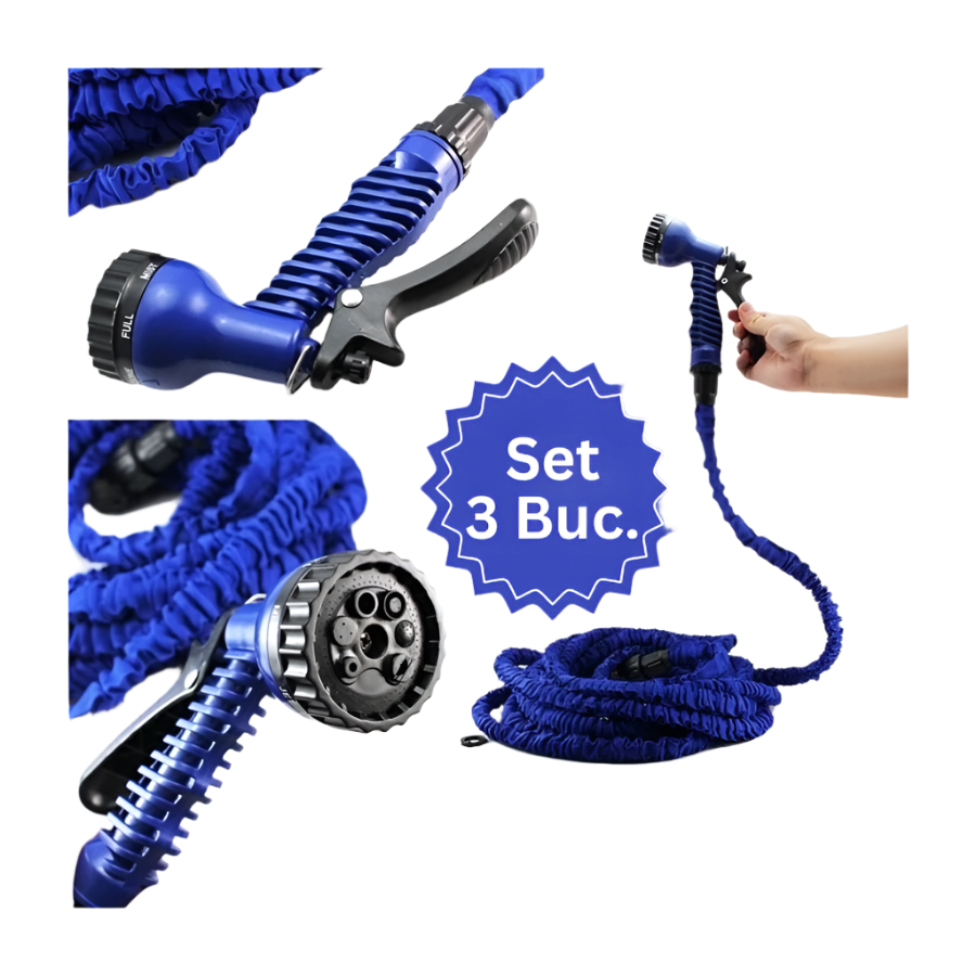 Set 3 x Furtun extensibil pentru gradina, lungime 30m, aparat de udat inclus