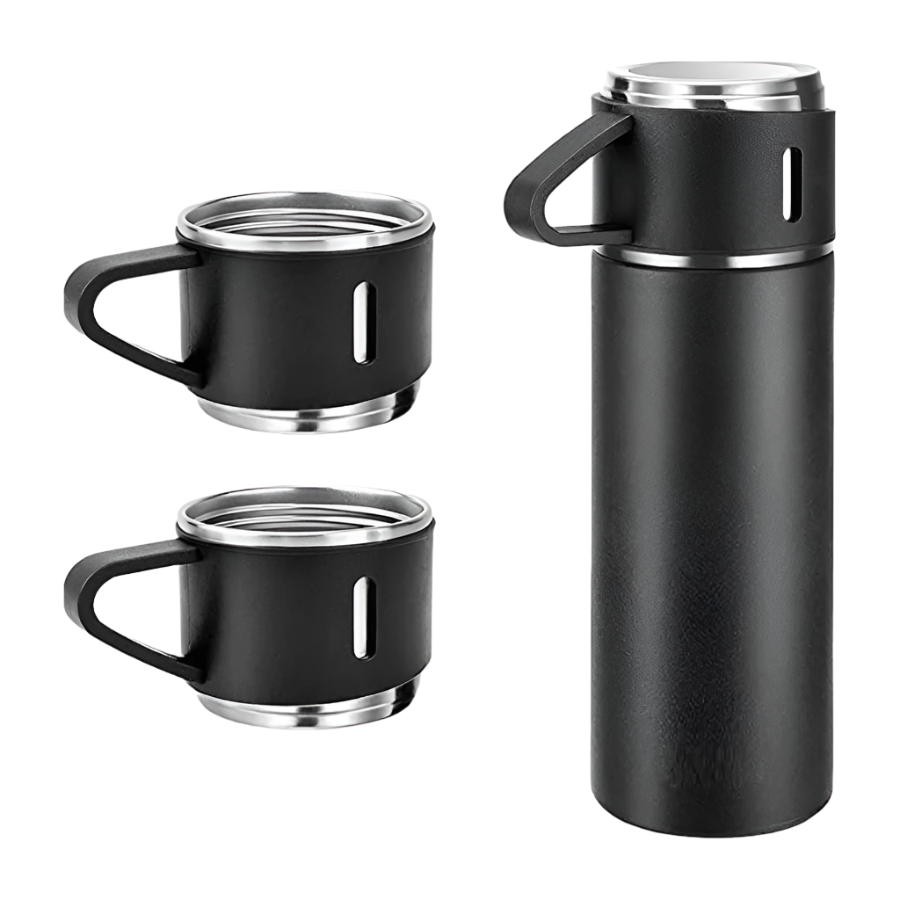 Set 4 piese: Termos 500 ml + 3 cesti, otel inoxidabil, Negru