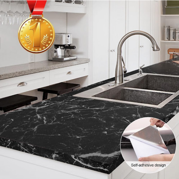 Folie adeziva imitatie marmura neagra, 60 x 300 cm, set 3 bucati