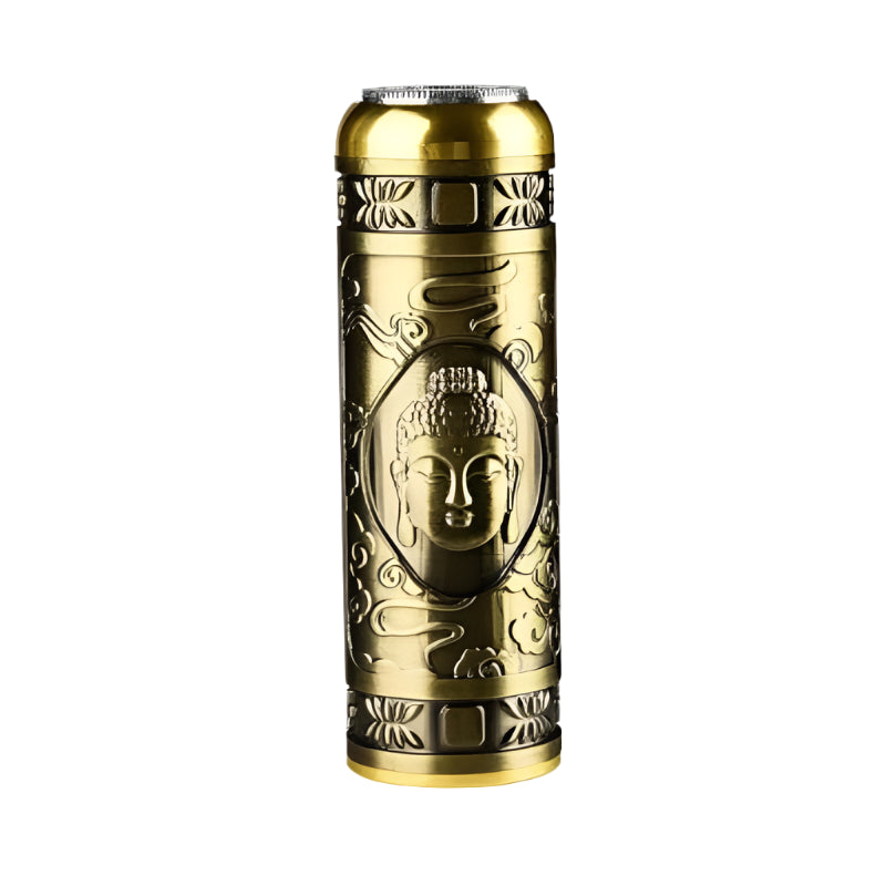 Gold-colored cylindrical object with Buddha emblem on a white background