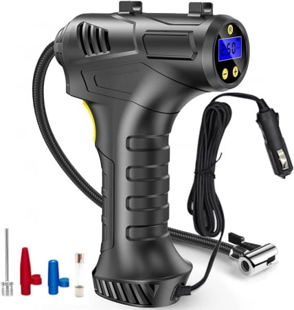 Compresor portabil wireless pentru anvelope auto cu LED, manometru și încărcare USB