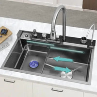 Încărcați imaginea în vizualizatorul Galeriei, Chiuvetă multifuncțională – Cascadă dublă, Afișaj digital, Robinet, 750x460mm, Negru
