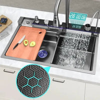 Încărcați imaginea în vizualizatorul Galeriei, Chiuvetă multifuncțională – Cascadă dublă, Afișaj digital, Robinet, 750x460mm, Negru
