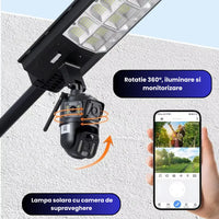 Încărcați imaginea în vizualizatorul Galeriei, Lampa Solara cu Camera Supraveghere 450W, IP65, Detectie Miscare, Panou Solar Integrat, Monitorizare 24/7, Control Telefon, Rotatie 360°
