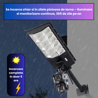 Încărcați imaginea în vizualizatorul Galeriei, Lampa Solara cu Camera Supraveghere 450W, IP65, Detectie Miscare, Panou Solar Integrat, Monitorizare 24/7, Control Telefon, Rotatie 360°
