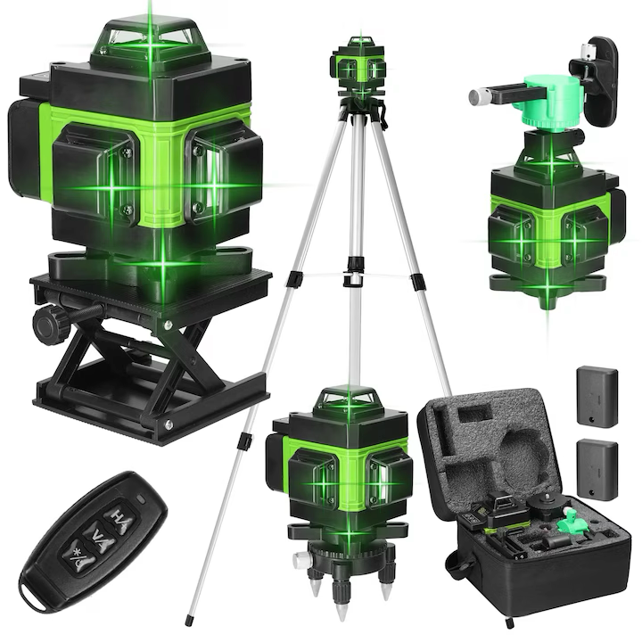 Nivela laser 4D cu 16 linii, autonivelare, telecomandă, lumina verde, platformă de ridicare, Trepied