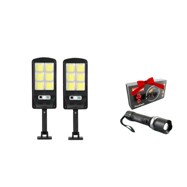Set 2 X Proiector solar 6 celule, 30W, 120 LED, cu senzor de miscare + Lanterna multifuntionala Swat CADOU