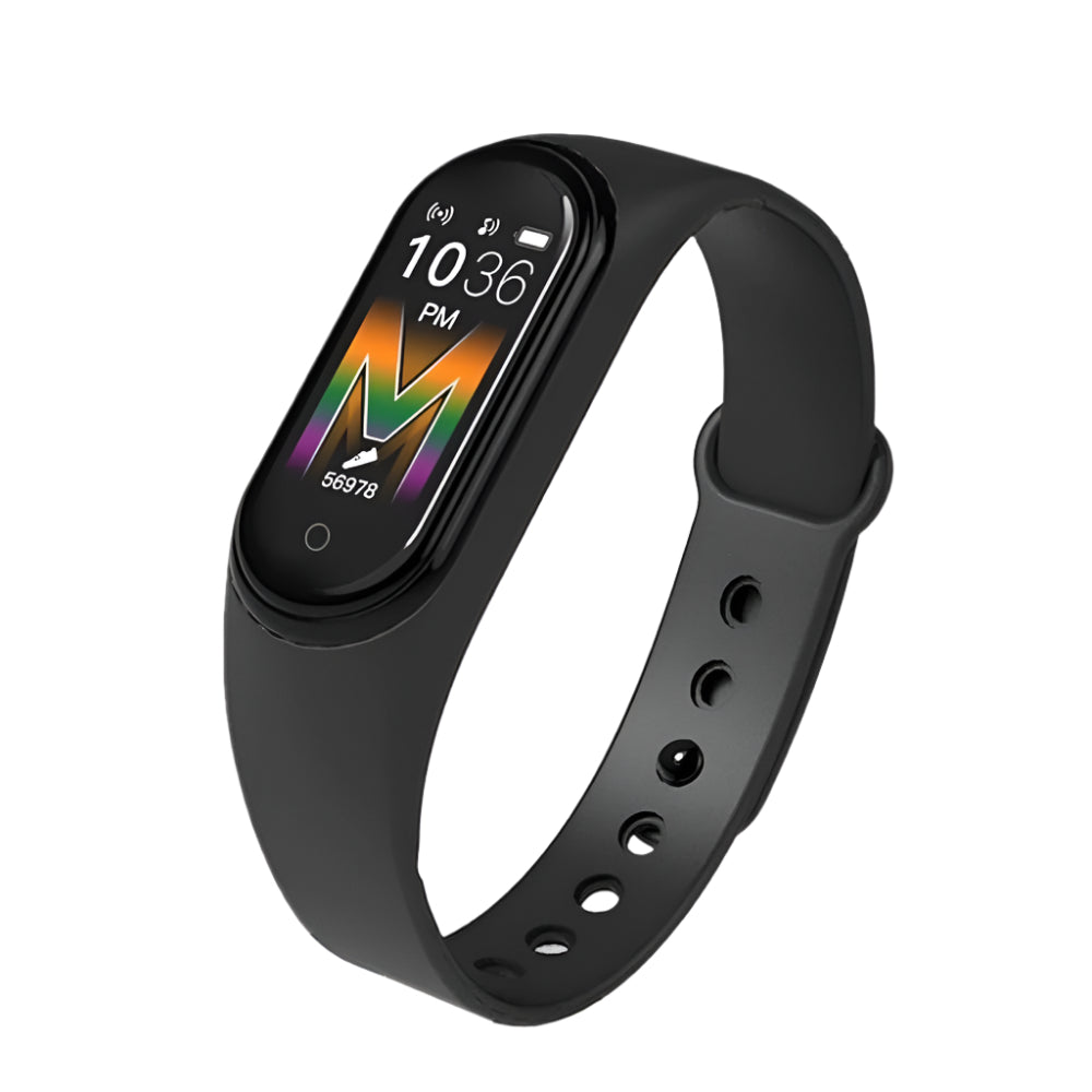 Black smartwatch with a colorful display on a white background
