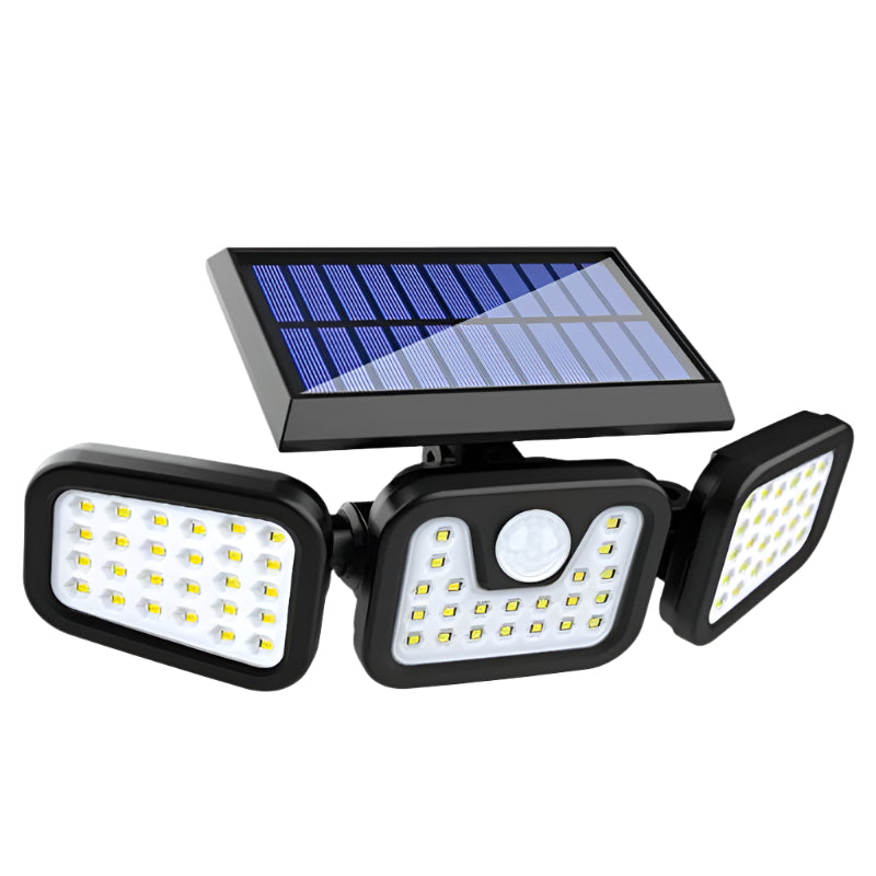 Solar-powered outdoor light fixture with multiple LED lights on a white background